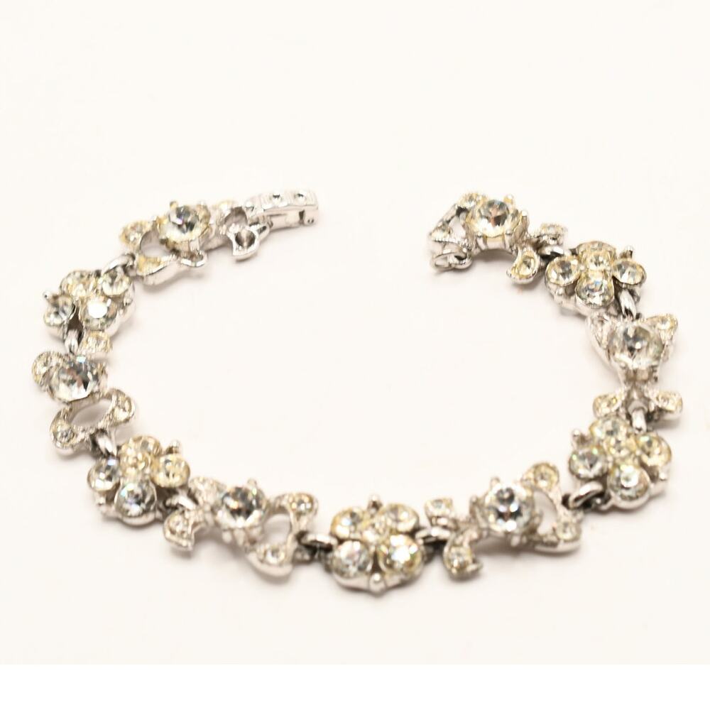 Vintage Bogoff Clear Rhinestone Floral Bracelet Silver Tone Signed 1950s